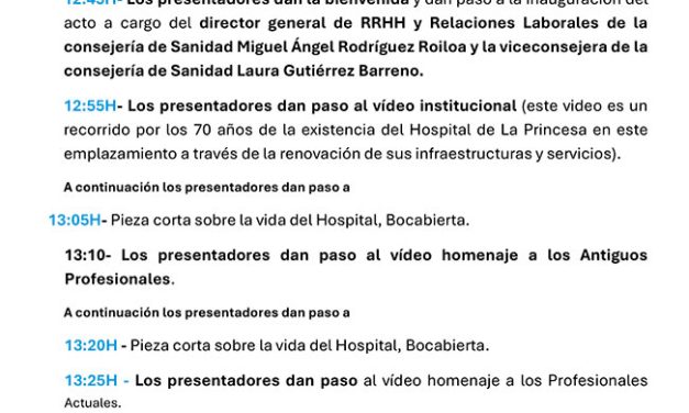 Programa acto profesionales 70 Aniversario Hospital Universitario de la Princesa